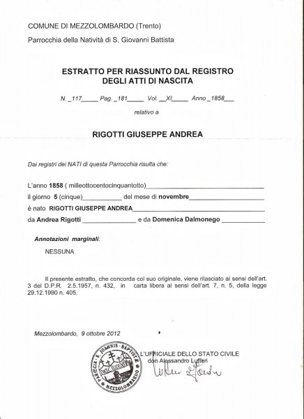 Andrea rigotti e domenica dalmonego descendentes de andrea e Andrea rigotti e domenica dalmonego descendentes de andrea e