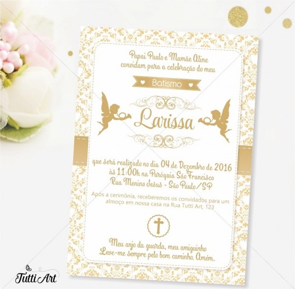 Convite batizado branco dourado digital no elo7 Convite batizado branco dourado digital no elo7
