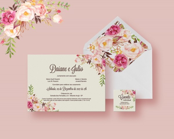 Convite casamento + envelope floral rosa