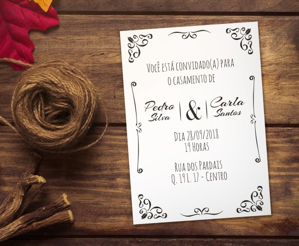 Convite casamento vintage preto e branco 21x15cm + envelope no