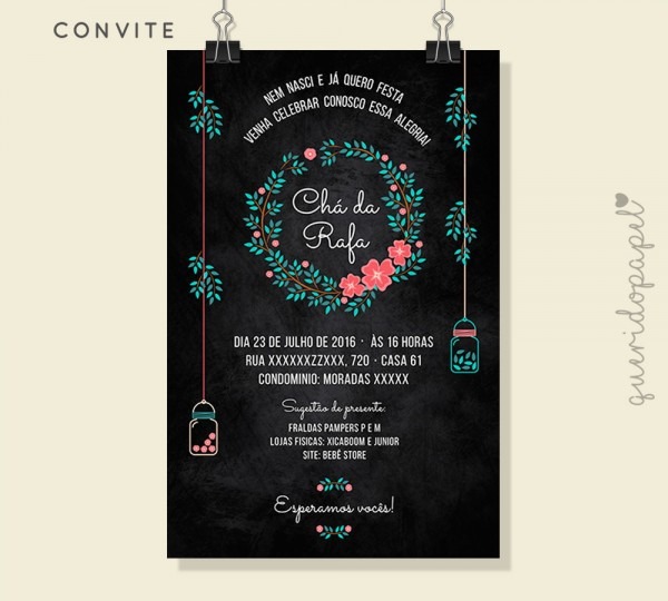 Convite chá de bebê quadro negro no elo7 Convite chá de bebê quadro negro no elo7