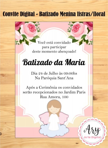 Convite digital batizado menina floral no elo7 Convite digital batizado menina floral no elo7