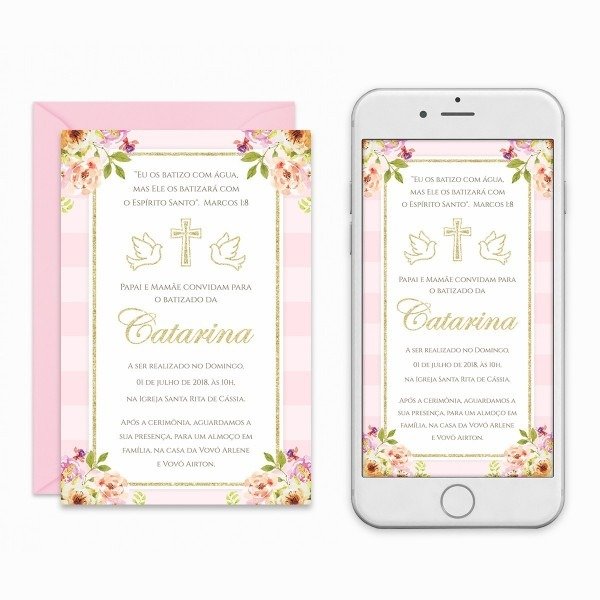 Convite digital batizado menina floral virtual imprimir