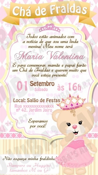 Convite digital chÃ¡ de fraldas bebÃª ursinha princesa rosa  2