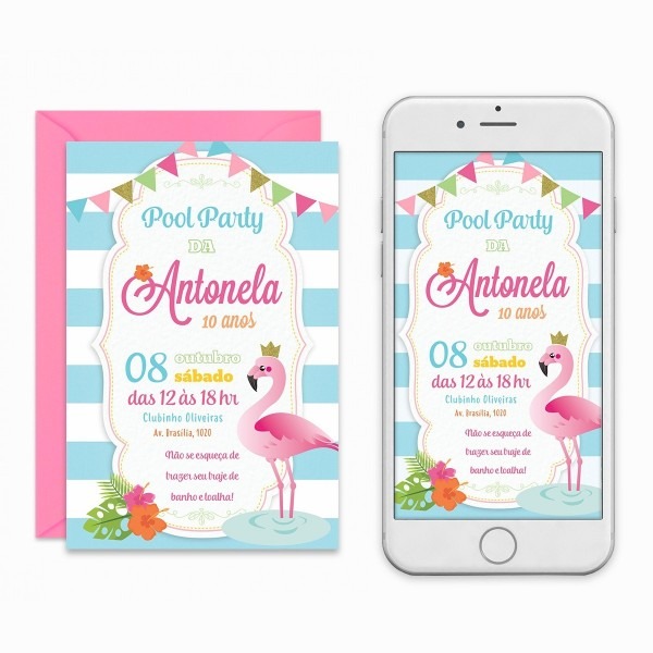 Convite digital de aniversÃ¡rio flamingo festa tropical pool
