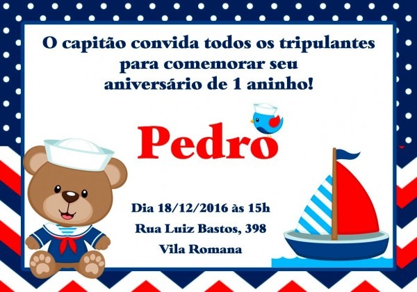 Convite digital personalizado ursinho marinheiro