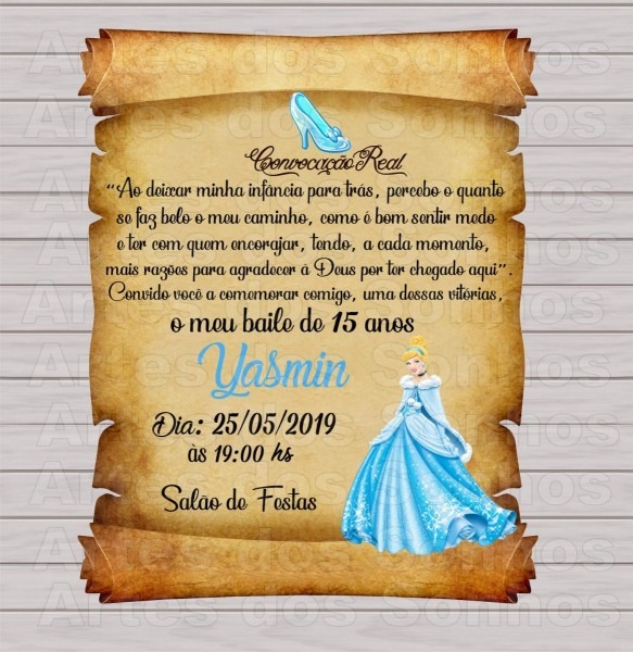 Convite pergaminho cinderela 15 anos + tags