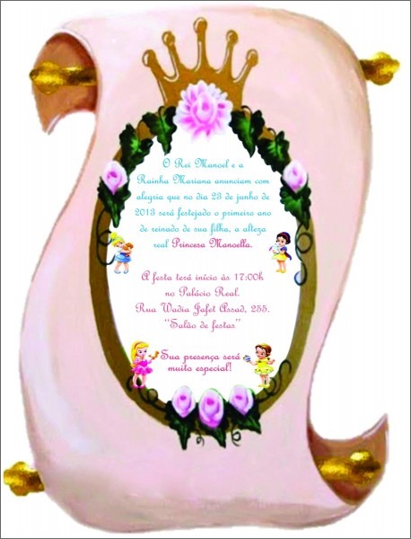 Convite pergaminho tema princesas baby