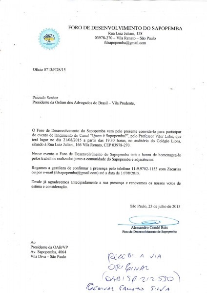 Foro de desenvolvimento do sapopemba oficios convite Foro de desenvolvimento do sapopemba oficios convite