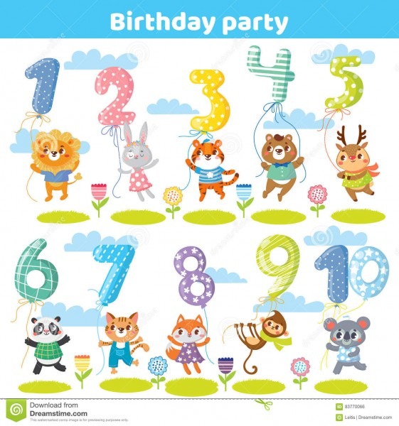 O aniversÃ¡rio numera com os animais engraÃ§ados para o cartÃ£o do