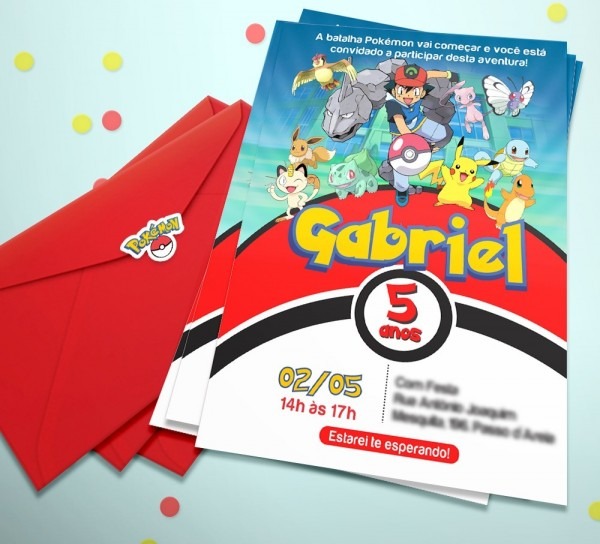 20 convite personalizado pokémon + etiq + env + frete grátis 20 convite personalizado pokémon + etiq + env + frete grátis