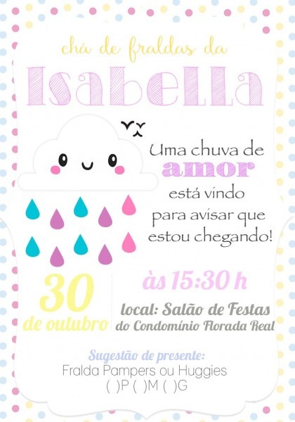 50 convites chuva de benÃ§Ã£os batizado chÃ¡ de fralda bebÃª