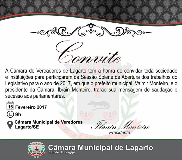 Convite sessão solene de abertura dos trabalhos do legislativo Convite sessão solene de abertura dos trabalhos do legislativo