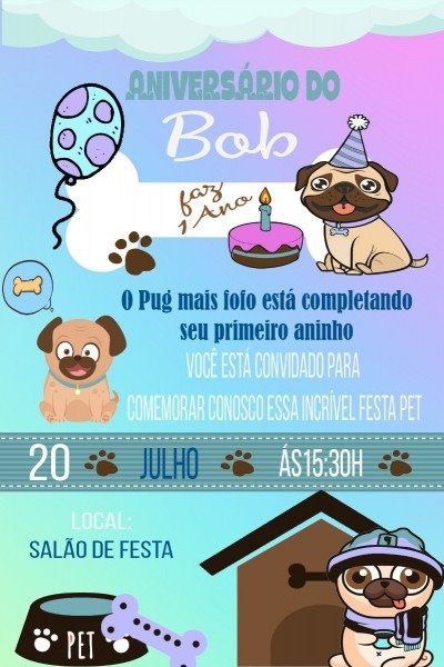 Arte convite digital aniversÃ¡rio cachorro pug 01