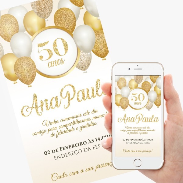 Arte digital convite de aniversÃ¡rio 50 anos dourado no elo7