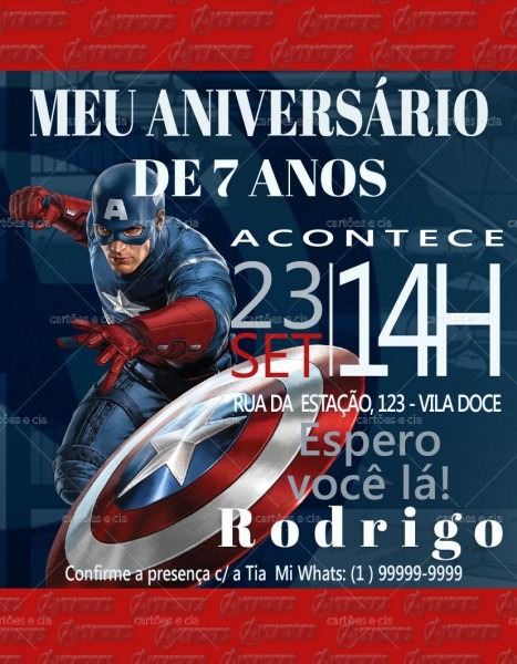 Arte digital convite de aniversÃ¡rio capitÃ£o amÃ©rica no elo7
