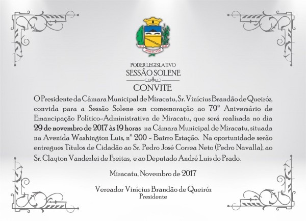 Convite sessão solene de aniversário â câmara municipal de miracatu Convite sessão solene de aniversário â câmara municipal de miracatu