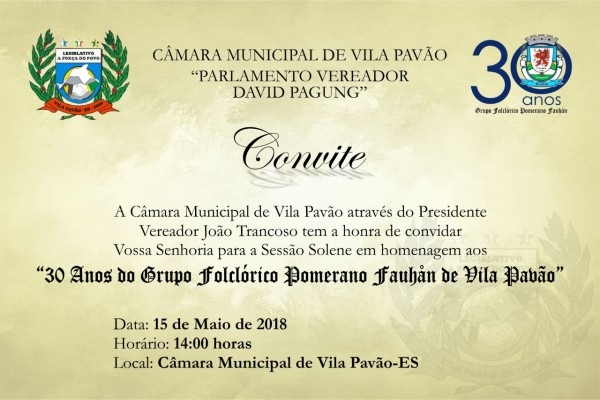 Convite para sessão solene do dia 15 de maio de 2018 Convite para sessão solene do dia 15 de maio de 2018