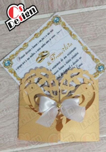 Convite de casamento dourado laço branco no elo7 Convite de casamento dourado laço branco no elo7