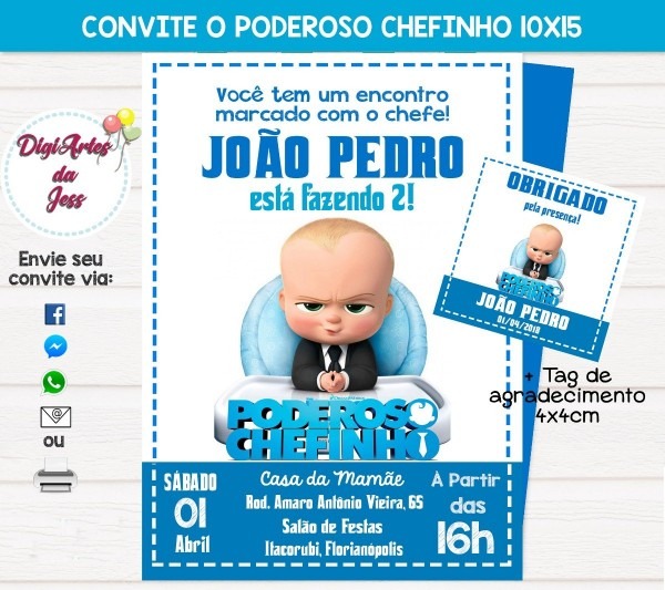 Convite digital poderoso chefinho + tag de agradecimento