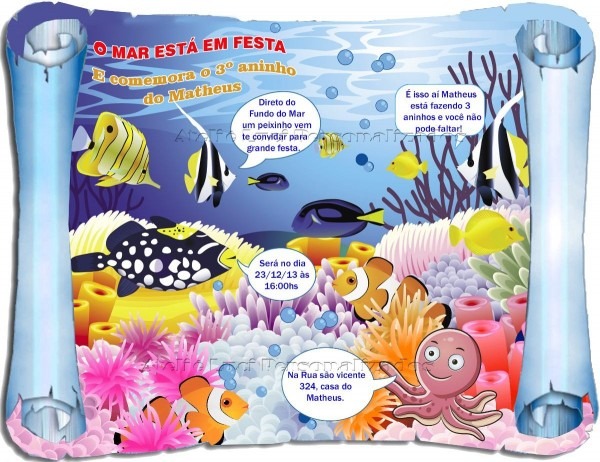 Convite em forma de mapa fundo do mar Convite em forma de mapa fundo do mar