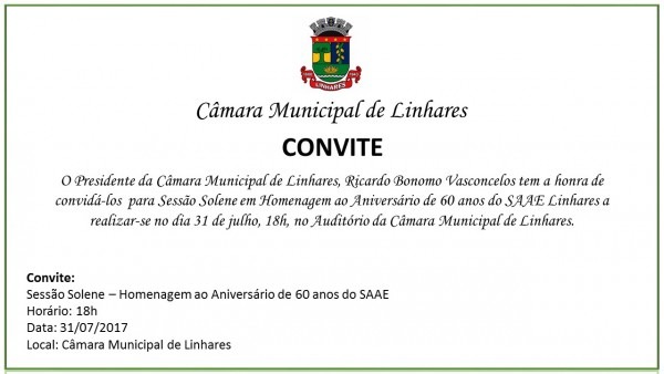 Convite sessão solene em homenagem ao aniversário do saae linhares Convite sessão solene em homenagem ao aniversário do saae linhares