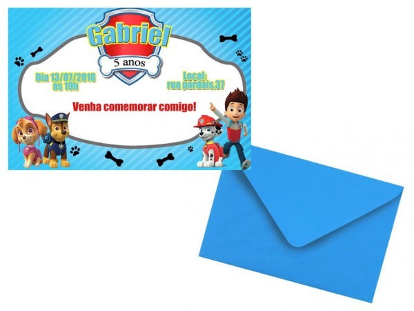 Patrulha canina convite + envelope colorido  personalizado  no