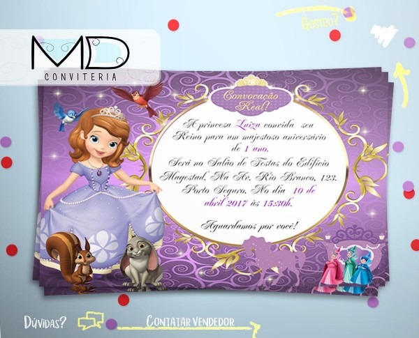 30 convite princesa sofia personalizado sem envelope