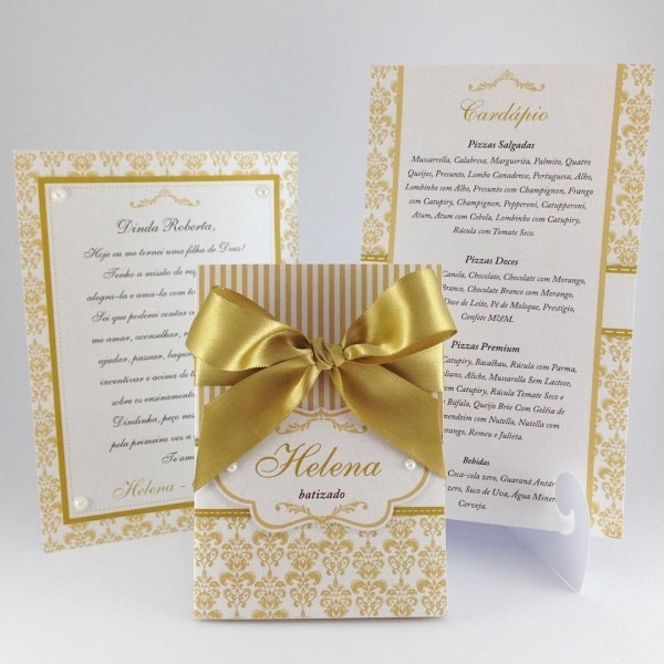 Convite, cartão para padrinho e cardápio, tudo em dourado e branco Convite, cartão para padrinho e cardápio, tudo em dourado e branco