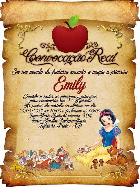 70 unidades convite pergaminho branca de neve + tags