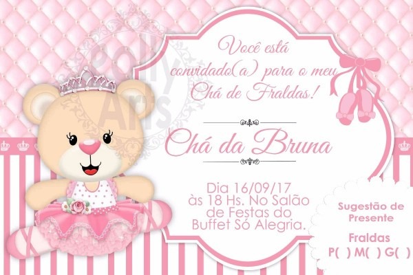 Arte convite digital virtual ursinha bailarina