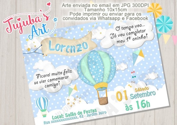 Arte digital convite balÃ£o pipas e balÃµes