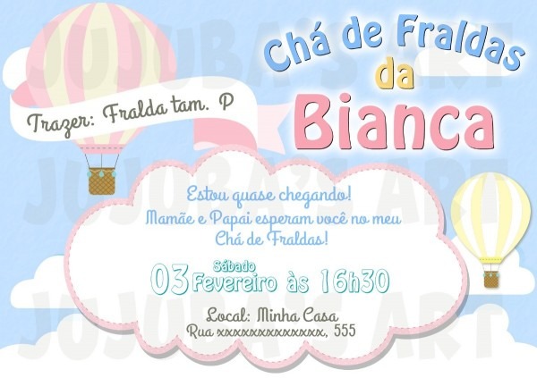 Arte digital convite balÃµes chÃ¡ de fraldas balÃ£o menina