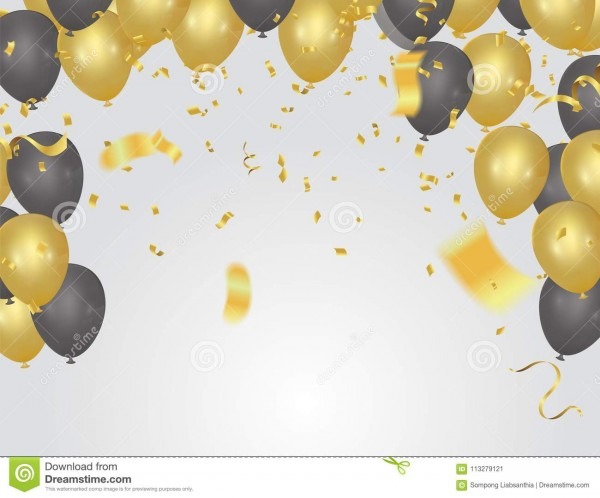 BalÃµes do cartÃ£o festivo e confetes dourados, convite do partido
