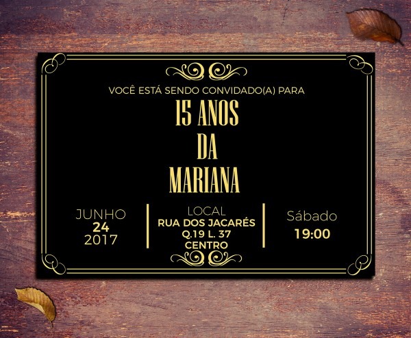 Convite 18 anos preto e dourado vintage 10x7cm com envelope no Convite 18 anos preto e dourado vintage 10x7cm com envelope no