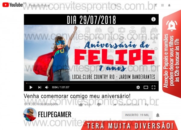 Convite de aniversÃrio youtube 2 Convite de aniversÃrio youtube 2