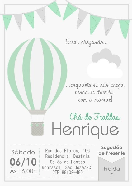 Convite chÃ¡ de fraldas   bebÃª balÃ£o de ar