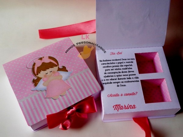 Convite criativo para padrinhos de batismo elegante caixa no elo7