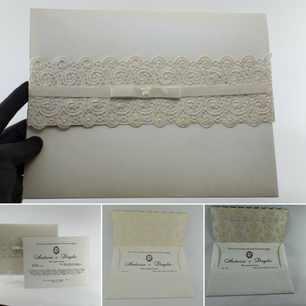 Convite de casamento luxo perola renda relevo americano no elo7 Convite de casamento luxo perola renda relevo americano no elo7