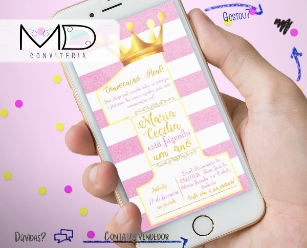Convite digital 1 ano realeza no elo7
