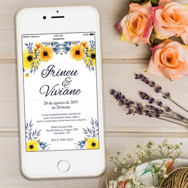 Convite digital azul e amarelo floral no elo7