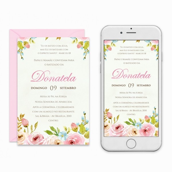 Convite digital de batizado menina com flores no elo7