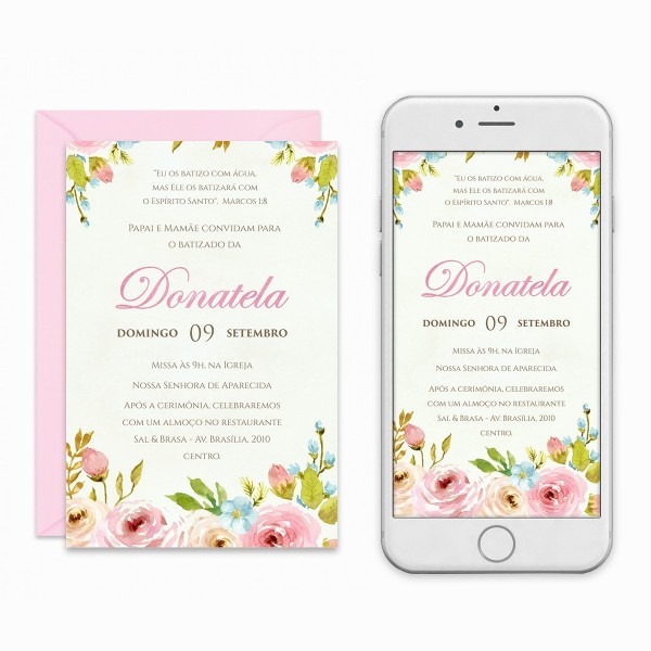 Convite digital de batizado menina flores