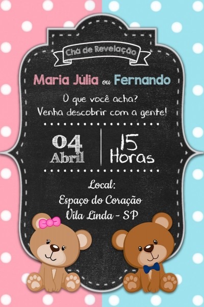 Convite digital virtual chÃ¡ de revelaÃ§Ã£o menino menina ursos
