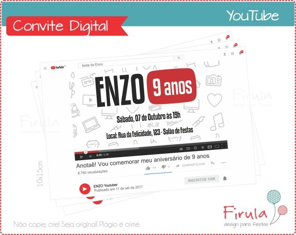Convite digital youtube no elo7 Convite digital youtube no elo7