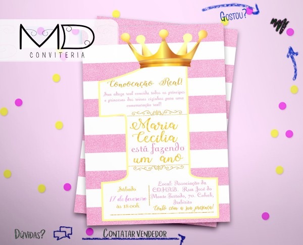 Convites de aniversÃ¡rio de 1 ano realeza s  env no elo7