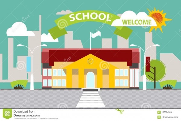 PrÃ©dio da escola na perspectiva da cidade estilo liso bandeira