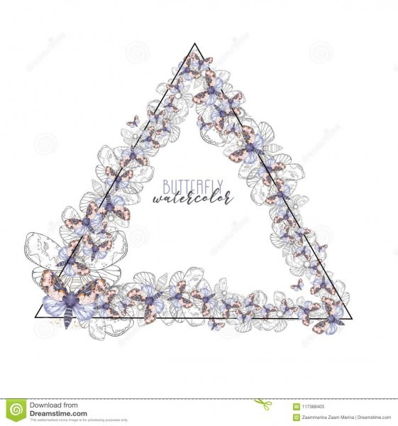 Quadro decorativo sob a forma de um triÃ¢ngulo de borboletas lilÃ¡s