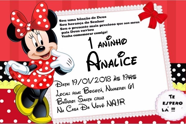 150 convites minnie vermelha infantil 7x10 frete grÃ¡tis