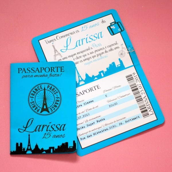 45 convites passaporte azul moderno preto 15 anos barato